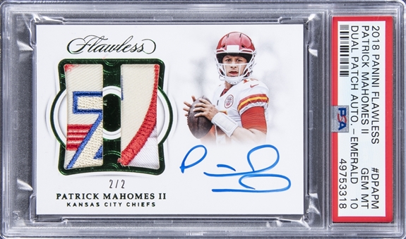 2018 Panini Flawless Dual Patch Auto Emerald #DPAPM Patrick Mahomes II Signed Dual Patch Card (#2/2) - PSA GEM MT 10 
